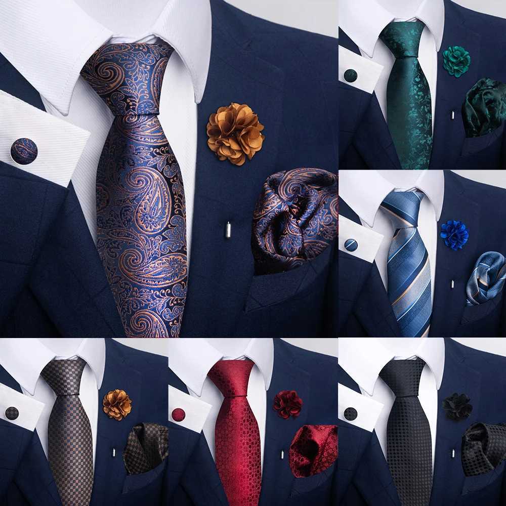 Luxury Mens Ties Floral Black Gold Ties Paisley NeckTie Pocket Square Cufflinks Brooch Set Mens Wedding Party Tie X250407