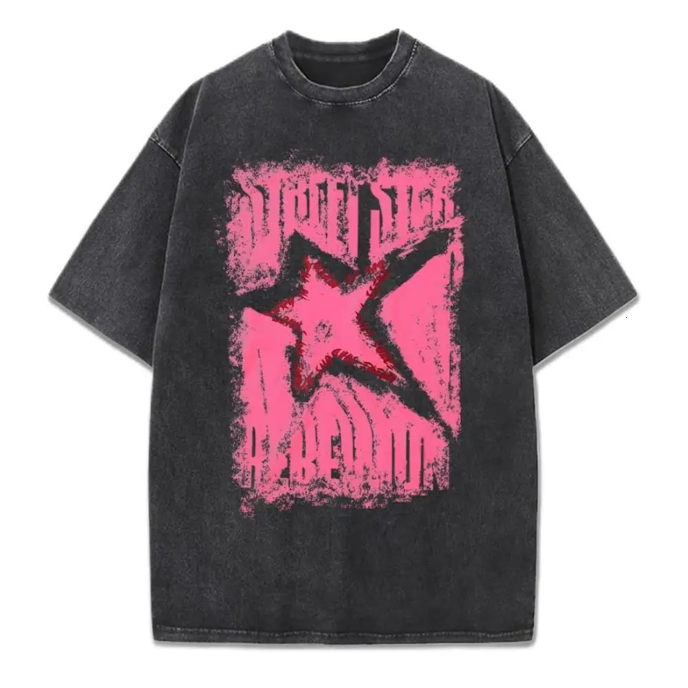 Pink Star Printing Washed T Shirts Womens Hip Hop Cotton T-Shirt O-Neck Oversize Acid Wash Tops Summer Casual Woman Streetwear 250408