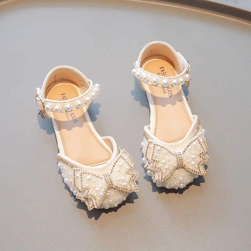 Childrens Bow Beaded Fashion Sandals Girls Round Head Princess Shoes Students Sweet Flat Dress Shoes Birthday Party Shoes 23-30 250408