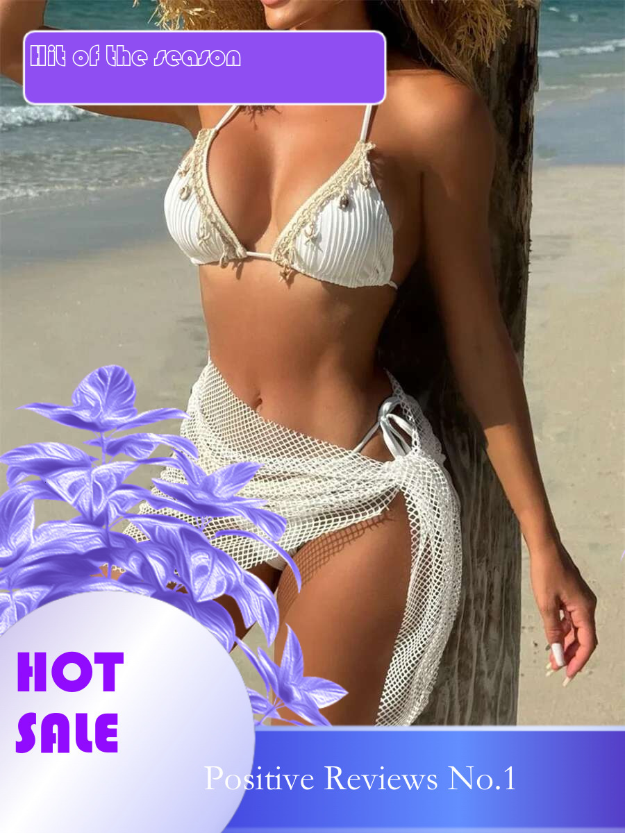 Dongdumaoyi Sexy Black White Bikini Women Lace Starfish Tassel Push Up Mesh Skirt Piece Swimsuit Beach Bathing Suit Thong Swimwear