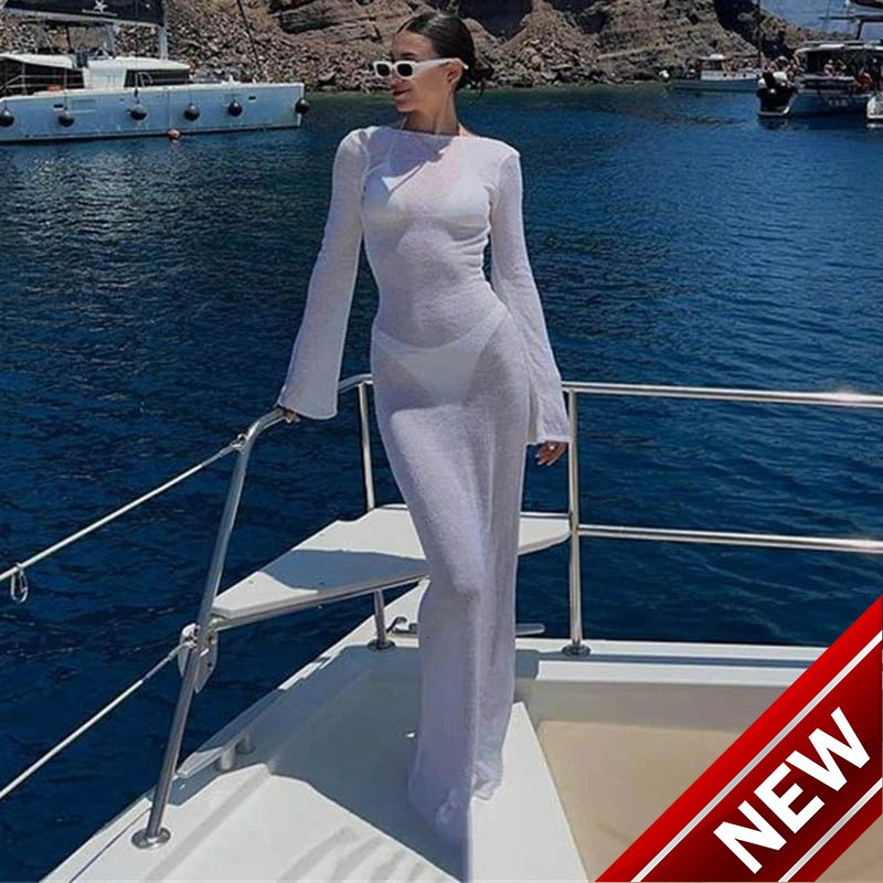 2023 Autumn New Beach Skirt Round Neck Beach Bikini Top Sunscreen Long Sleeve Bareback Dress