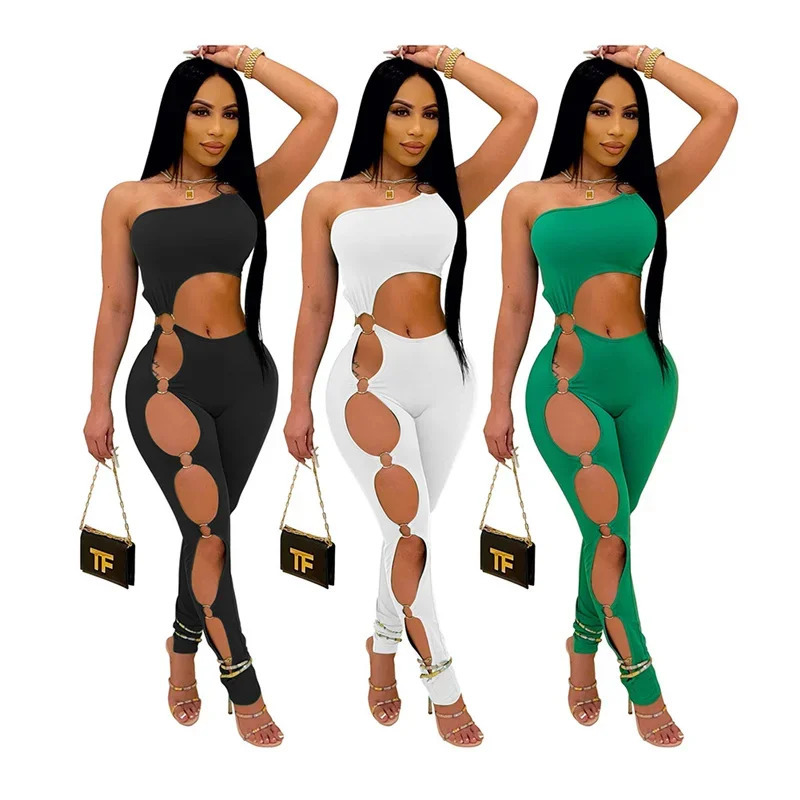 Sexy One Shoulder Bodycon Jumpsuit Women Sleeveless Solid Hollow Out One Pieces Romper Night Party Club Birthday Outfits Catsuit 250407