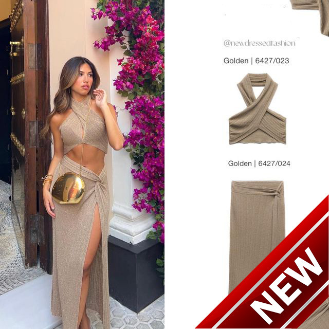 2025 Summer New Womens Wear Metal Thread Cross Design Knitted Top Half Skirt Set