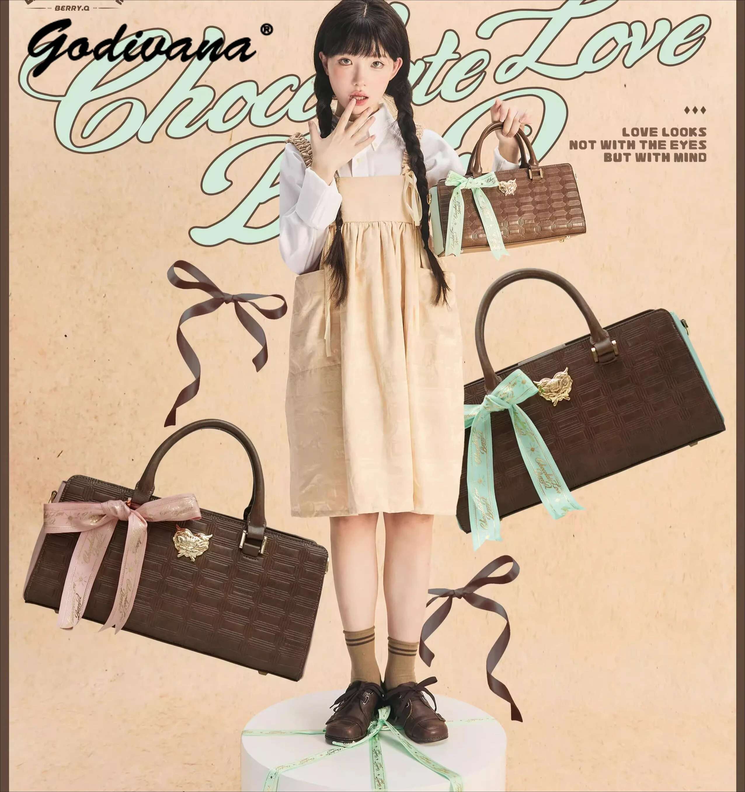 New Autumn Winter Sweet Chocolate Tote Bags Pink Mint Bow Portable Messenger Travel Bag Large-Capacity Women's Fiess Handbags