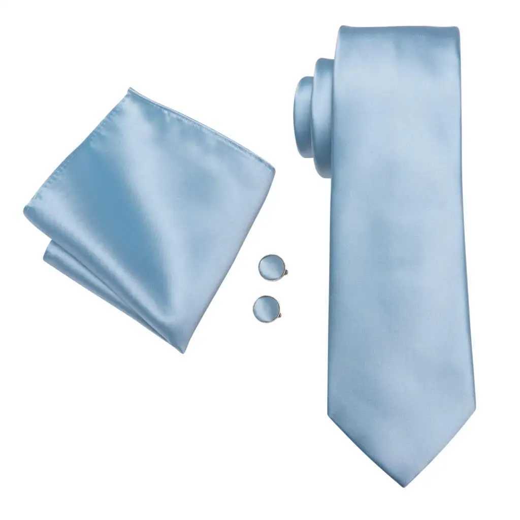 Hi-Tie Light Blue Solid Silk Wedding Tie For Men Fashion Design Handky Cufflink Mens Elegant Necktie Business Party Dropsing X250407