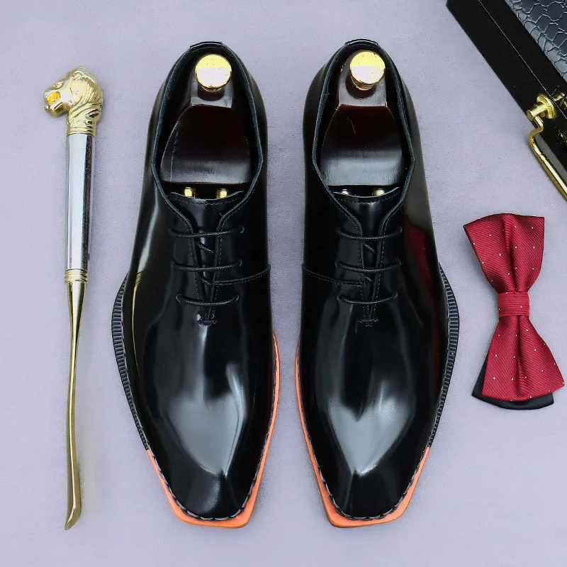 British Patent Leather Mens Business Dress Shoes Small Square Head Polished Handmade Genuine Leather Oxford Shoe for MenC250408
