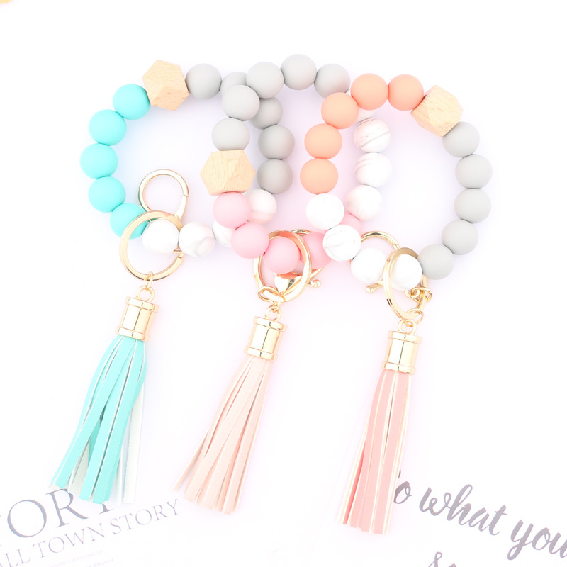 Silicone Key Ring Bracelet Beaded Wrislet Keychain Portable House Car Keys Holder Wristlet Wrist for Women Bangle Cute Keyrings Chains Girls with Leat
