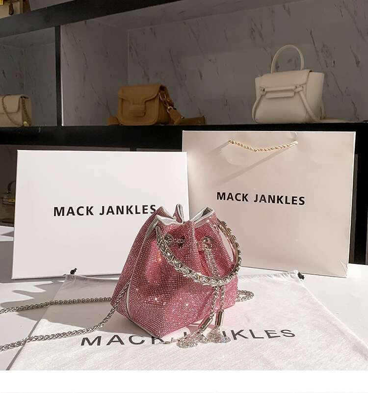 String Bucket Crystal Shiny Rhies Dia Evening Women's Handbag Wedding Party Clutch Purse Crossbody Bag