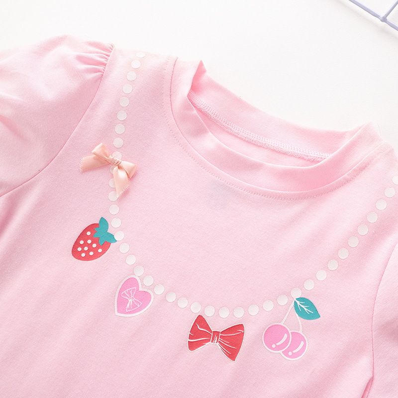 Ddmyshoesvip Cotton T Shirt Strawberry Bow Casual Soft Mist Powder Round Neck Printed Short Sleeved Children S Clothing
