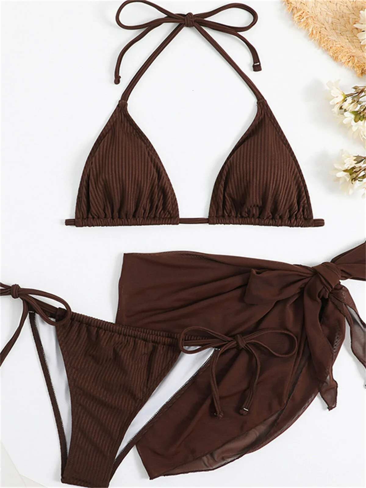 Dongdumaoyi Sexy Solid Brown Bikinis Set Women Ribbed Halter Push Up Mesh Skirt Swimsuit Mujer Brazilian Bathing Suit Cover Swimwear