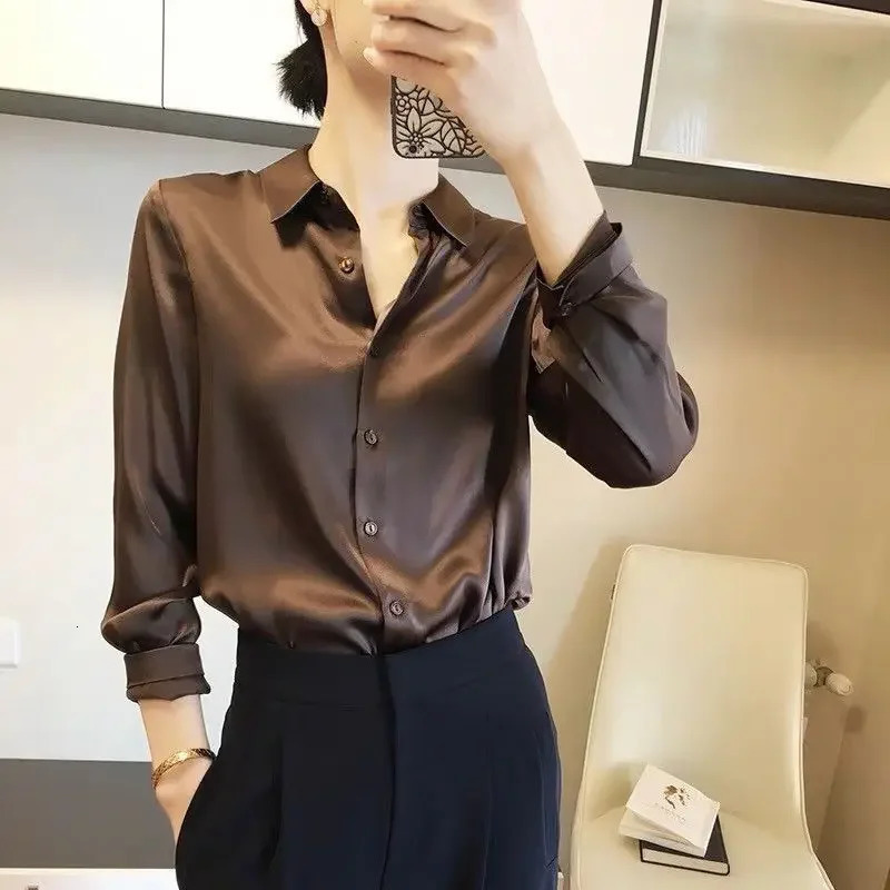 Silk Brown Clothes Wear to Work Outfits Long Sleeve Purple Spring Womens Formal Top Satin Womens Shirt and Cool Shirt 250402