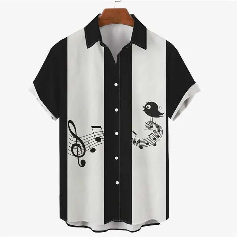 Mens summer shirt 2024 Hawaii short sleeved T-shirt music note printing boys and girls beach travel top casual lapel clothingXJ250407
