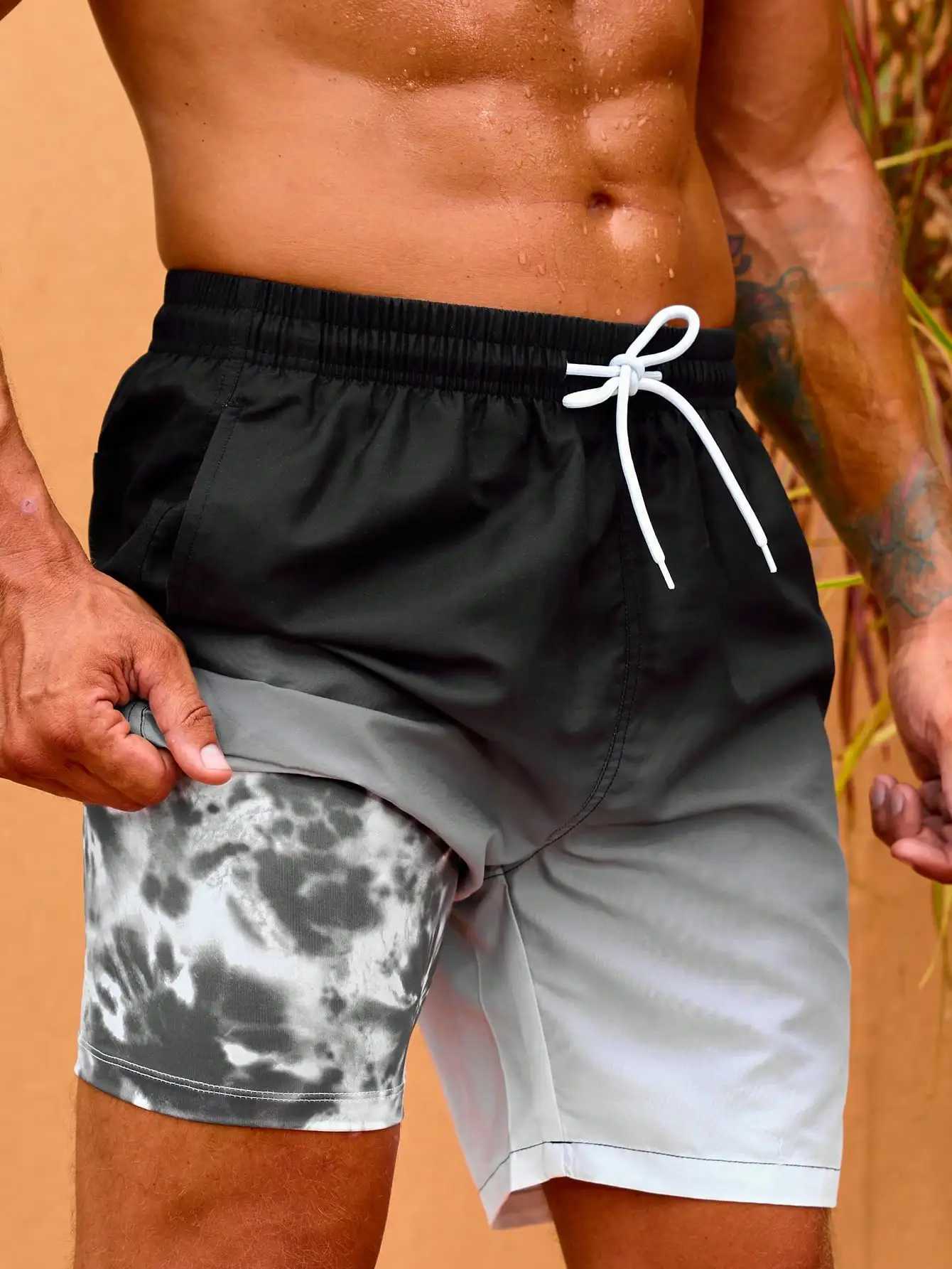 Mens gradient printed double-layer design anti ambassador fashionable cool quick drying beach pantsXJ250407