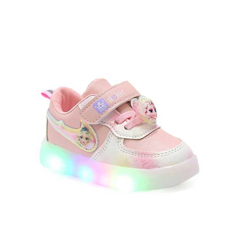 Boutique Fashion Girls Casual Sneakers Elsa Princess Cute Childrens LED Light Shoes Spring/Summer Baby Board Shoes W250407