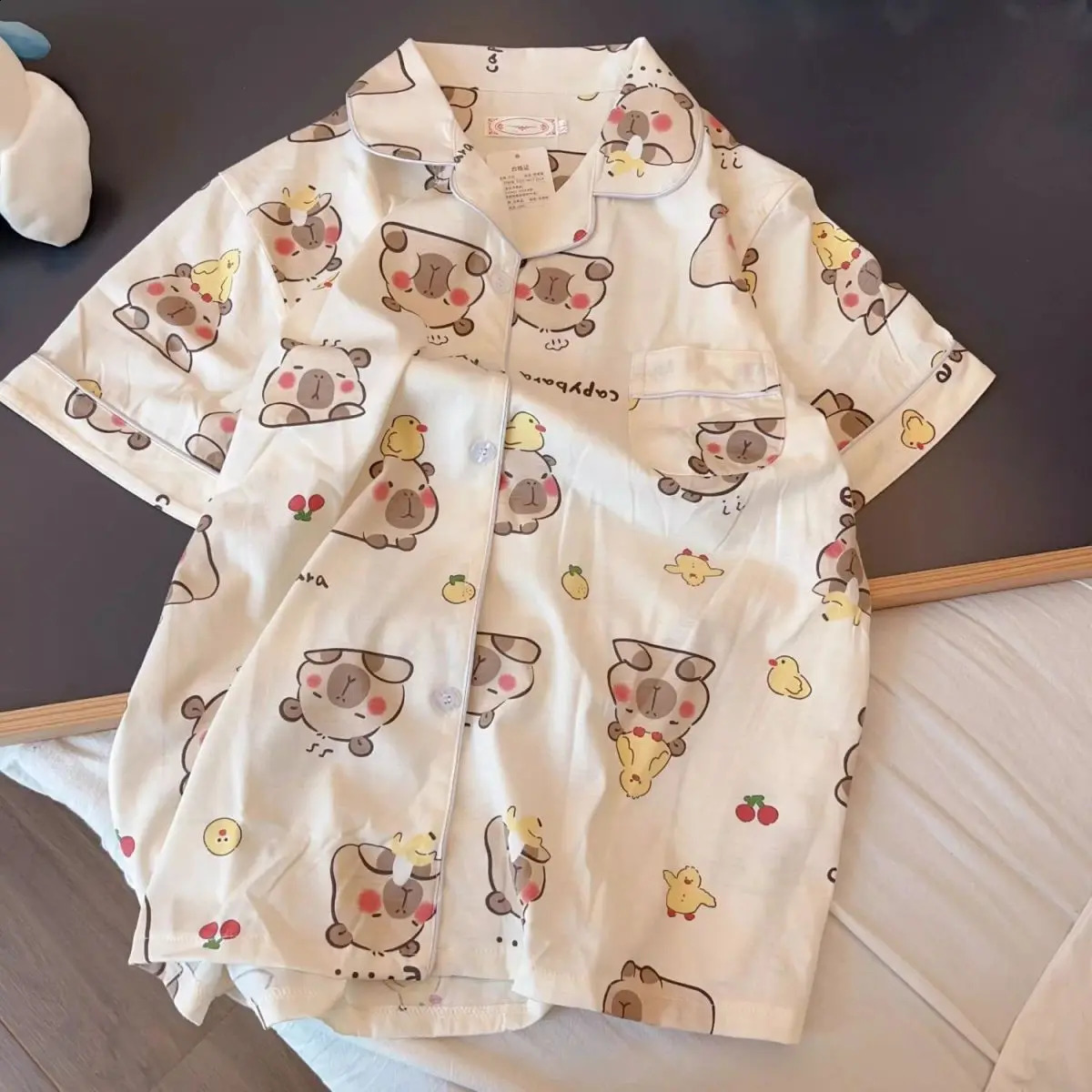 Capybara Girls Pajama Set 2025 Summer Children Cartoon Printed Lapel Short Sleeve Shorts 2pcs Air Conditioning Clothes Sleepwear 250408