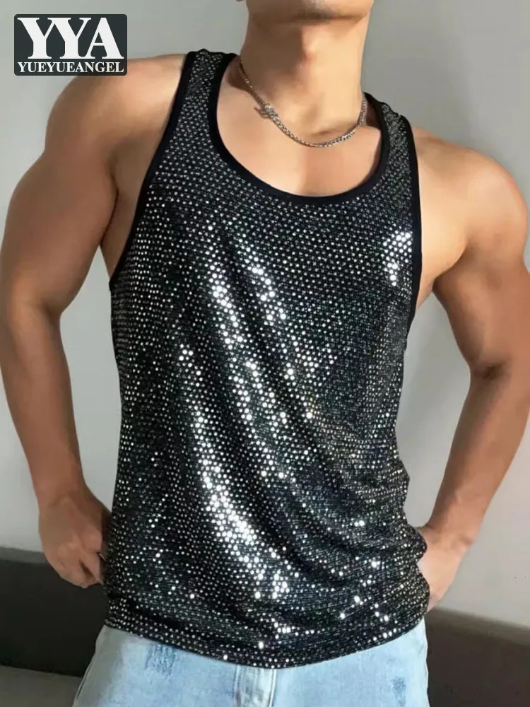 Mens summer shiny sequin vest gym fitness T-shirt er casual night club outfit top training slim fit with T-shirt 250402