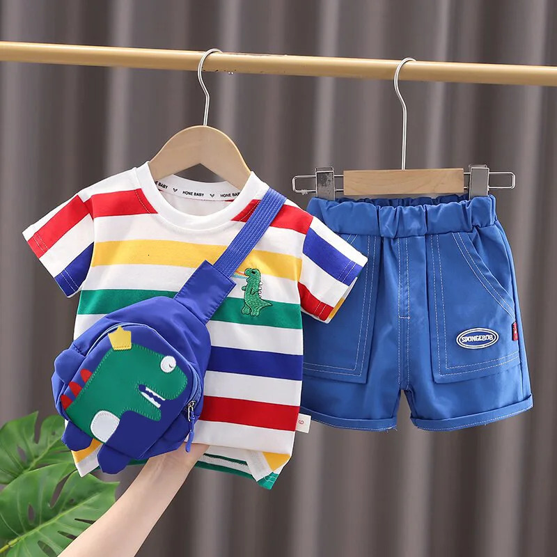 Summer Cute Cartoon Dinosaur Fashion Children O-neck T-shirtShortsBag Toddler Baby Boys Girls Clothes Set Kids Tracksuits 250407