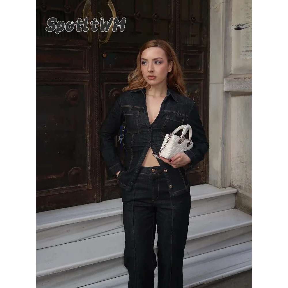 Fashion Denim Women Laple Slim Fit Blouse High Waist Pants Suit Women's Single Breasted Pockets Shirts Long Pant Set Lady Outfit
