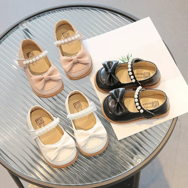 Toddlers Girls Leather Shoes Little Kids Casual Flats Princess Sweet with Pearls Beading Bow-knot Dress Party Shoes Soft 250407