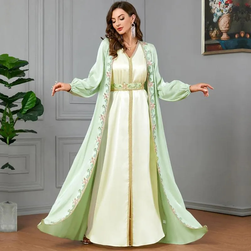Ethnic Clothing Women Dress Set 2 Pieces Morocco Caftan Elegant Muslim Abaya Dubai Satin Kimono Cardigan Robe Beads Long Sleeve Abays