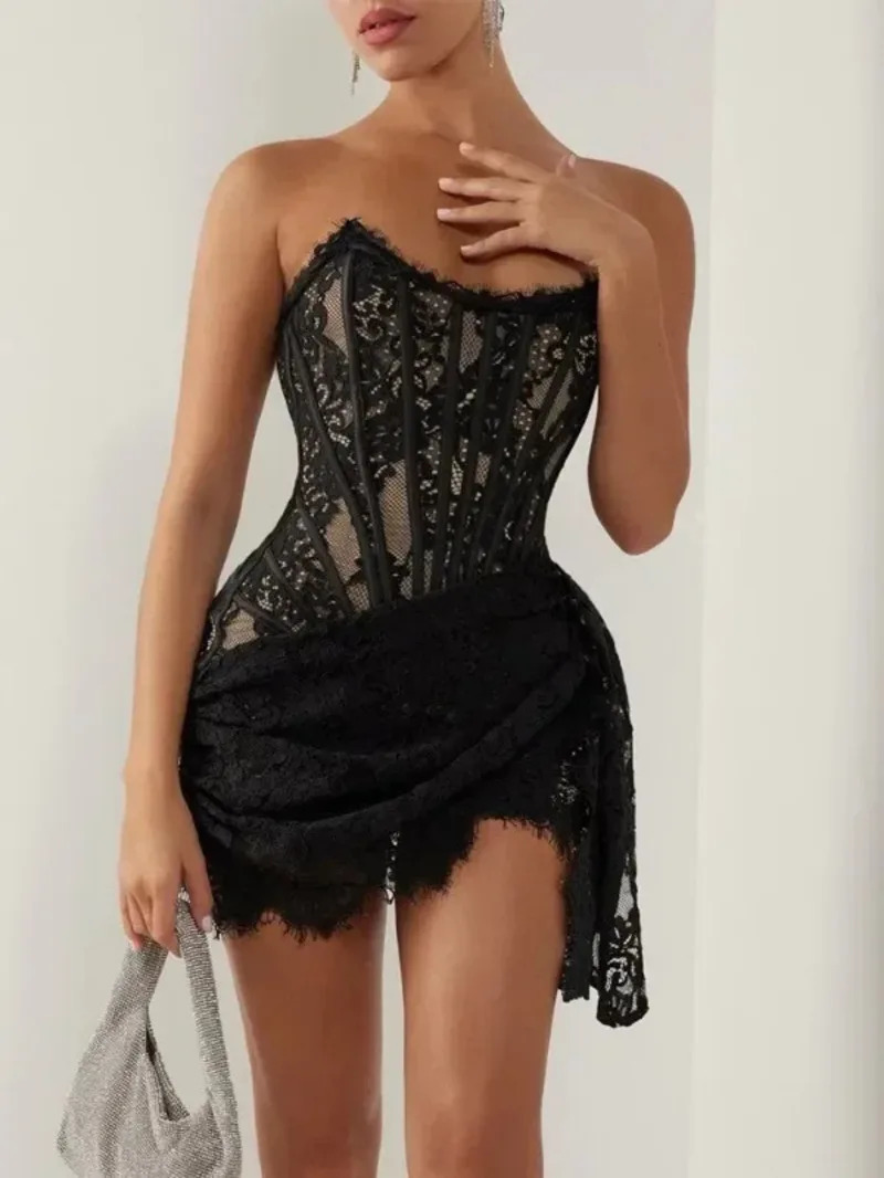 Womens Sexy Lace Dress Solid Color Sheer Patchwork High Waist Lace Dress Elegant Printed Strapless Slim Evening Dress M887 251028