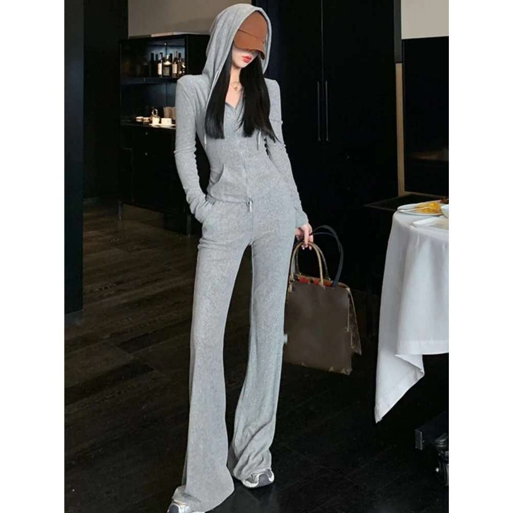 Y2k High Street Two Piece Set Tracksuit Women Hooded Zipper Jacket + Drawstring Wide Leg Pants Korean Fashion Solid Slim Outfits