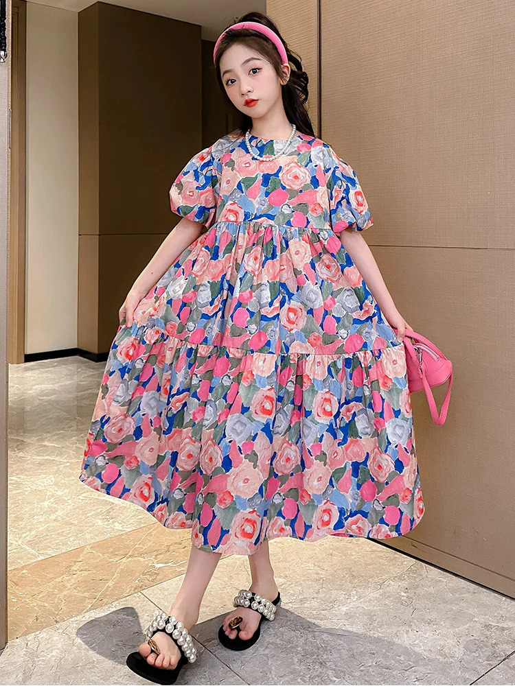 Summer Kids Floral Dresses for Girls Korean Loose Casual Dress Girl Clothing Cute Teenager Children Princess Dress 6 8 10 12 14Y 250408