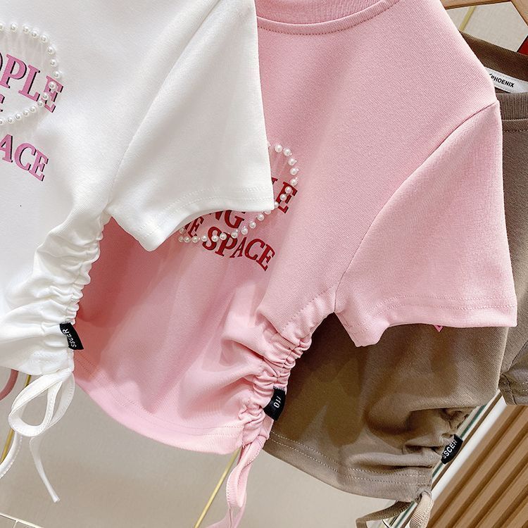 Ddmyshoesvip Korean Version Clothing Girls Summer Fashion Minimalist Letter T Shirt Children S Ice Silk Drawstring Short Sleeved Top