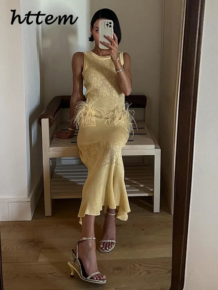 Fashion Knitted Long Hair Mermaid Dress for Womens Elegant Hollow Sleeveless Party Dress Summer Womens Splicing Beach Dress 250402