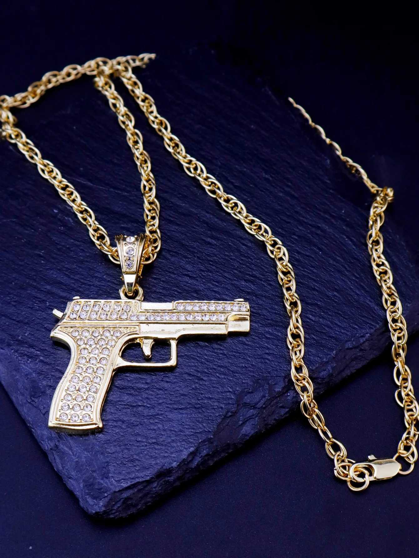 Men Rhinestone Gun Charm NecklaceC250407