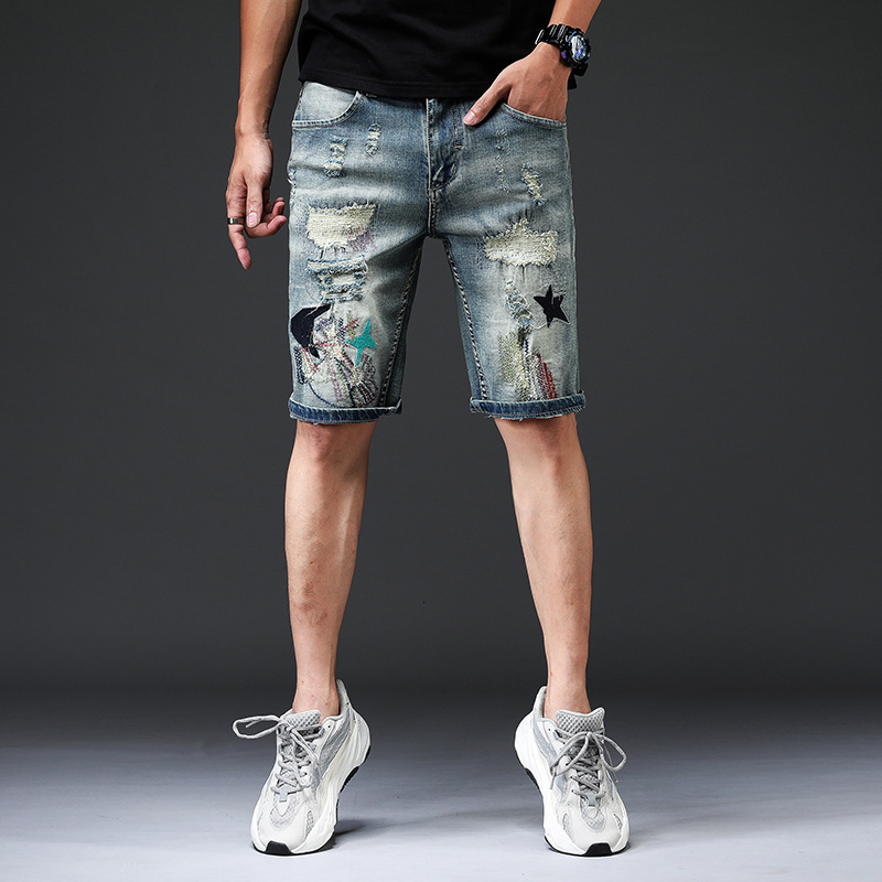 High Quality Hip-hop Embroidered Ripped Vintage Heavy Craft Jeans Shorts Men 240327
