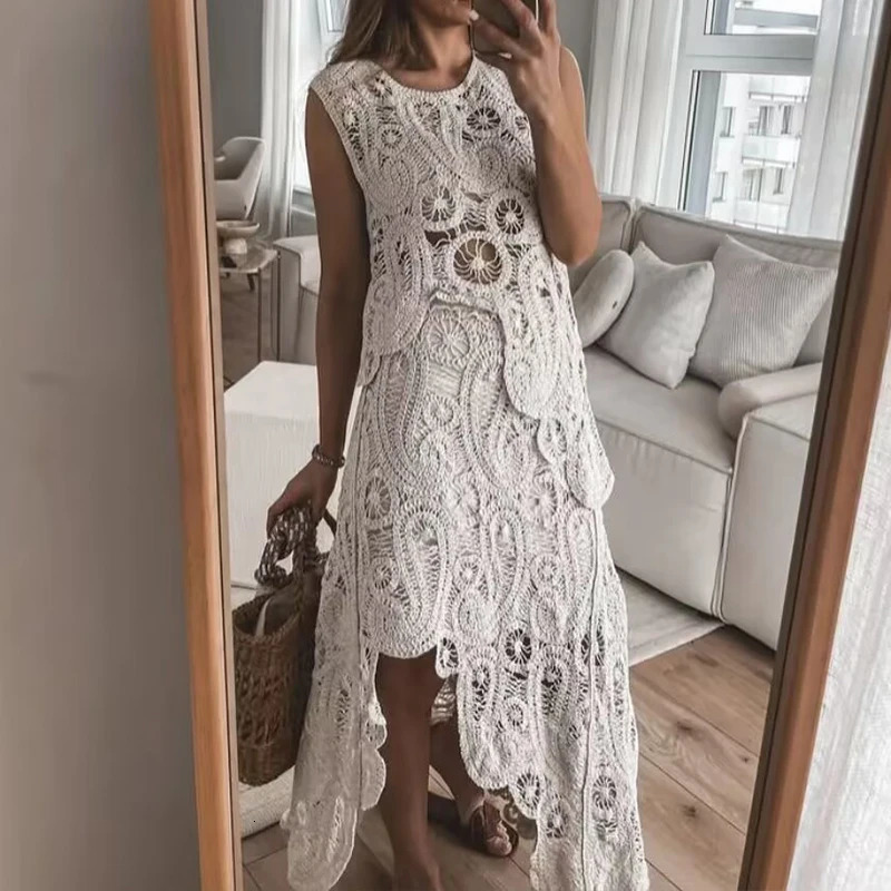 Womens O-neck sleeveless long sleeved beach set casual solid street summer set hollow knitted irregular 2-piece set 250401