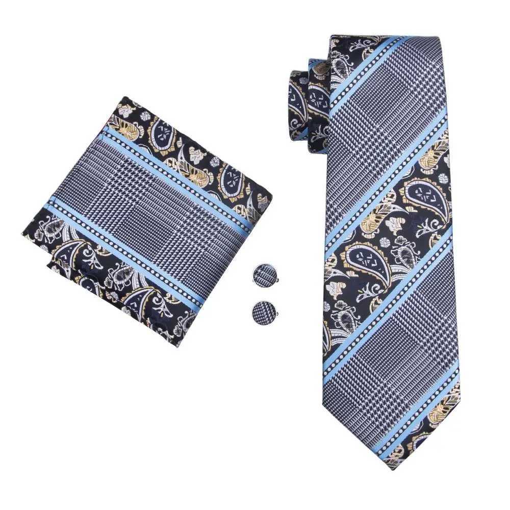 Hi-Tie Navy Blue Striped Silk Wedding Tie For Men Fashion Design Gift Men Necktie Hanky Cufflink Set Business Party Dropshiping X250407