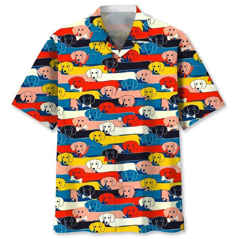 Cartoon sausage dog 3D printed mens animal pet graphic short sleeved Hawaiian shirt top loose collar shirtXJ250407