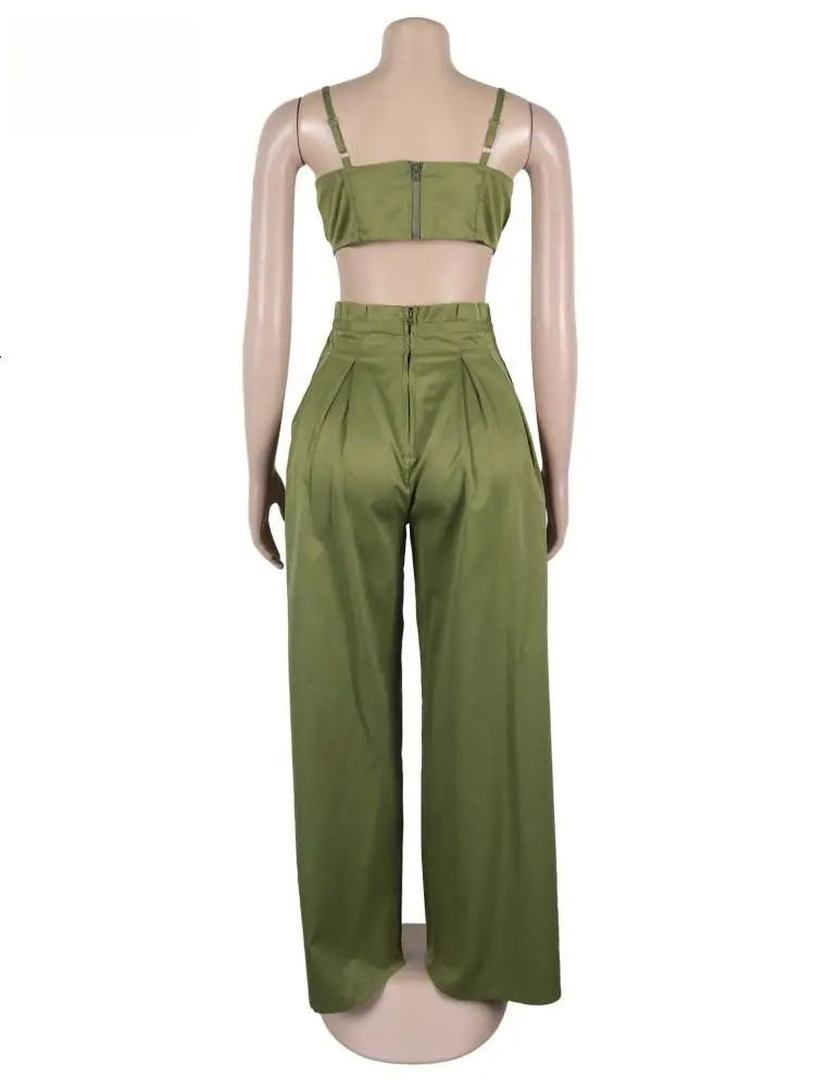 Sexy Zip Crop Camisole And High Waisted Drawstring Wide Leg Trousers 2 Piece Women Pants Suit Autumn Workout Streetwear