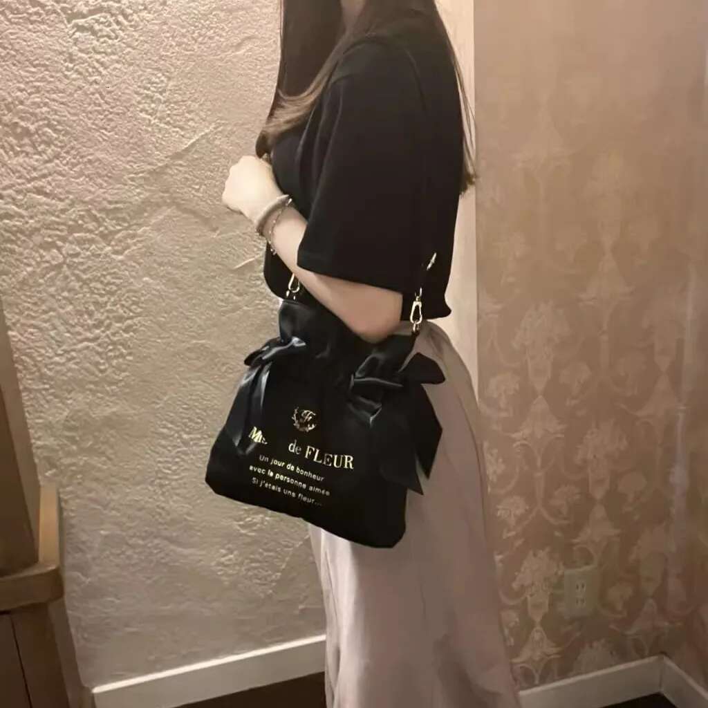 Japanese Satin Cute Sweet Double Bow Portable Women Niche Storage Shopping Messenger Bag With Long Shoulder Strap