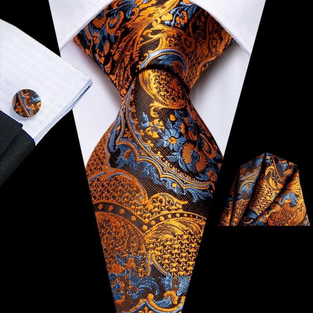 Hi-Tie 100% Silk Luxury Mens Ties Floral Black Gold Ties Paisley NeckTie Pocket Square Cufflinks Set Mens Wedding Party Tie X250407
