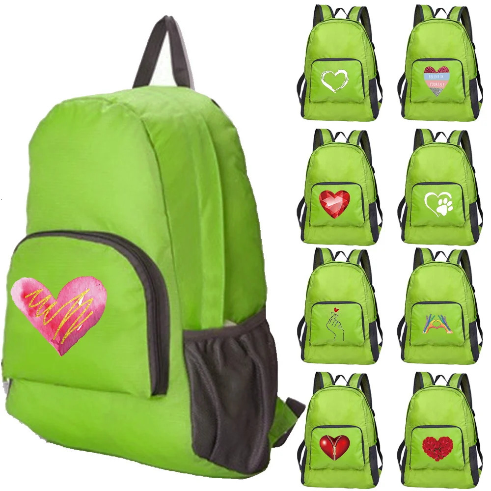 Outdoor Travel Lightweight Portable Foldable Backpack Love Print Folding Green Bag Ultralight Pack for Women Men Hiking Daypack 250407