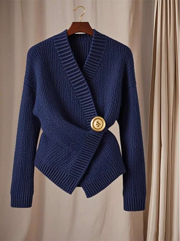 Navy Blue Irregular V-Neck Sweater For Autumn And Winter Women's Clothing 2024 New Collection Cool Style High-End Slim Fit Top