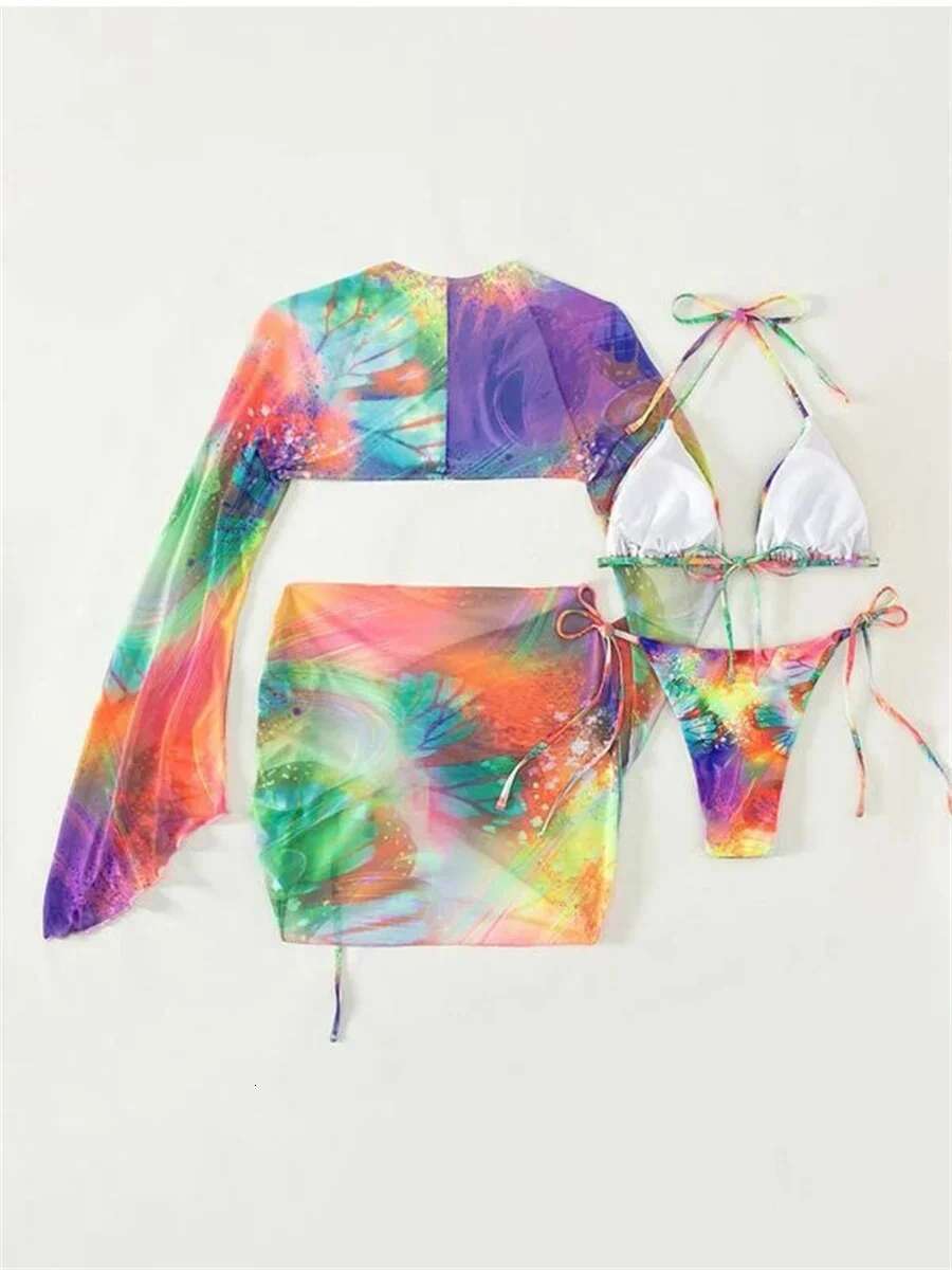 Dongdumaoyi Sexy Tie Dye Gradient Bikini Set Women Long Sleeve Cover Up Pleate Skirt Piece Swimsuit Beach Bathing Suit Thong Swimwear