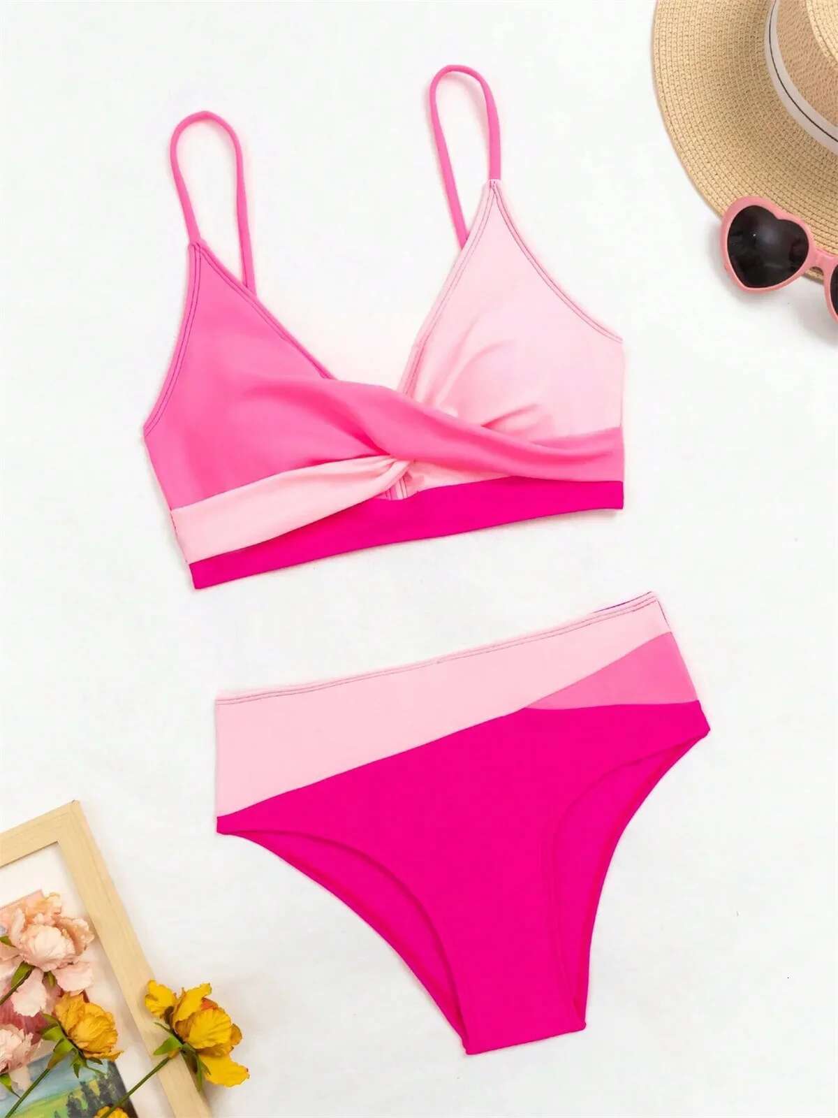 Dongdumaoyi High Waist Bikini Women Pink Contrast Push Up Cross Two Piece Swimsuit Summer Patchwork Beach Bathing Suit Swimwear Biquini