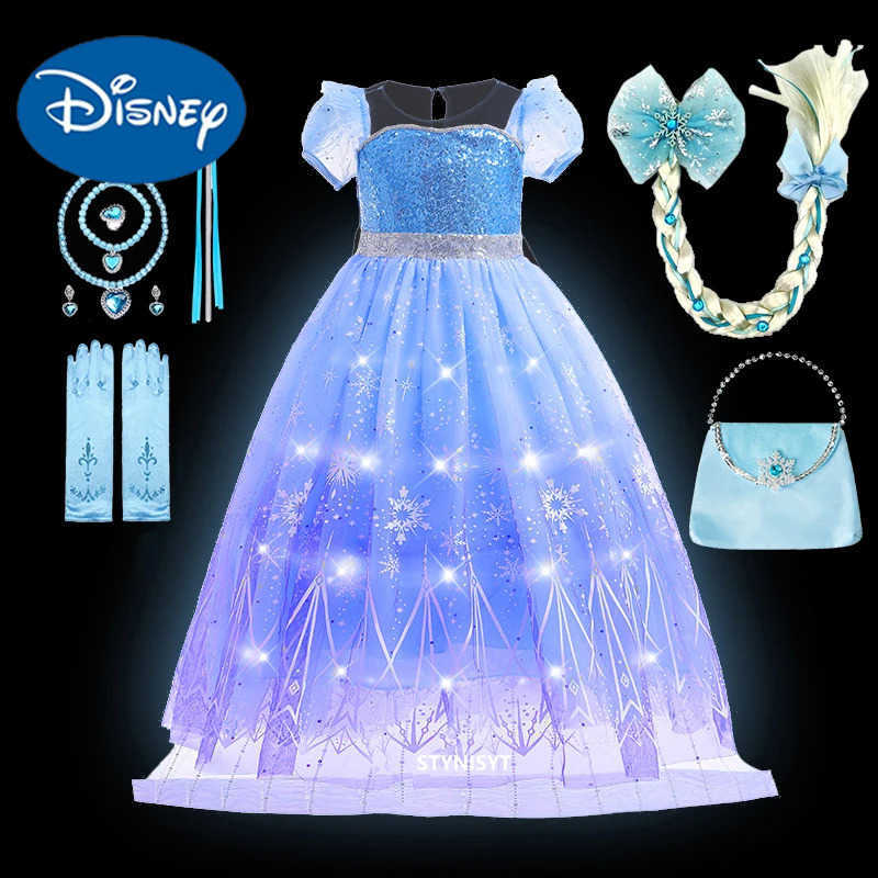 Disney 2025 LED Light Elza Spirit Princess Costume Girl Role Play Snow Queen Dress Up Childrens Costume Halloween Elza Blue Dress X250408