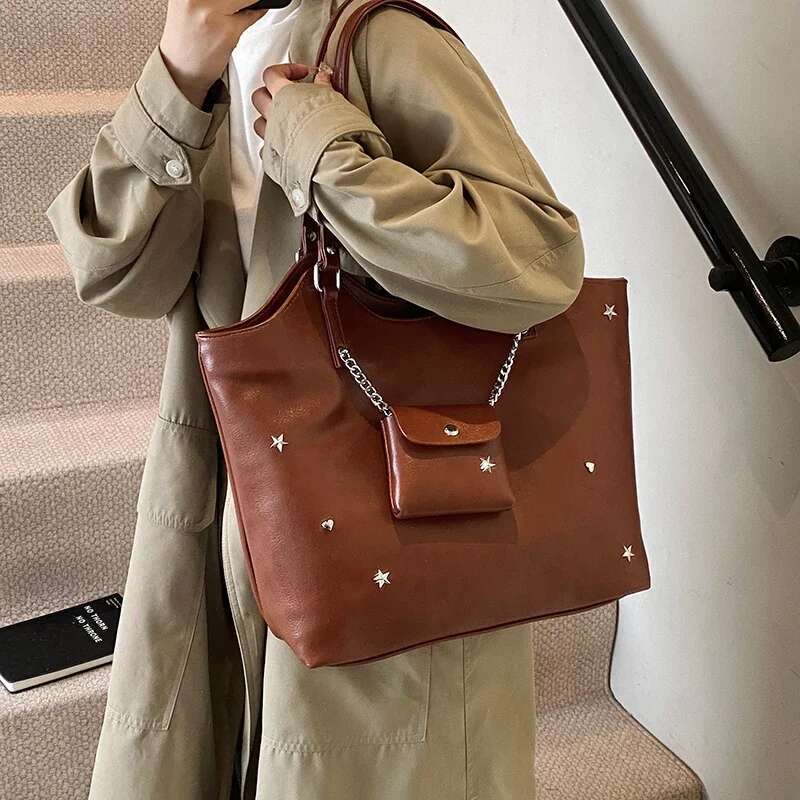 LEFTSIDE Large PU Leather Tote Bags For Women 2024 Winter Y2k New Trend Retro Female Fashion Shoulder Bag Handbags With Purses
