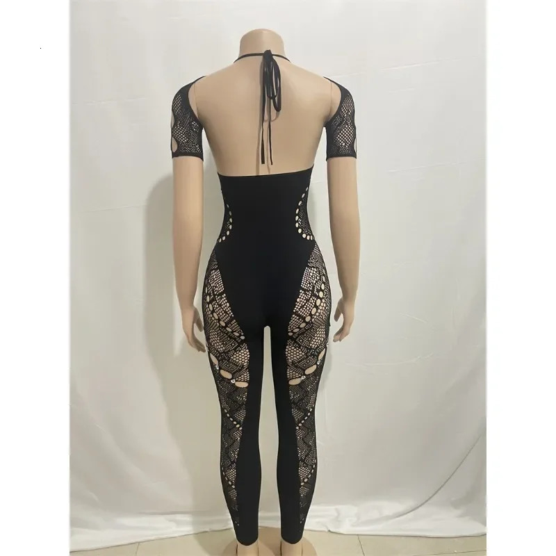 Sexy Hollow Out Sheer Skinny Jumpsuit Women Solid Halter Lace Up Short Sleeve Diamonds High Waist Y2k Rompers Club Streetwear 250407