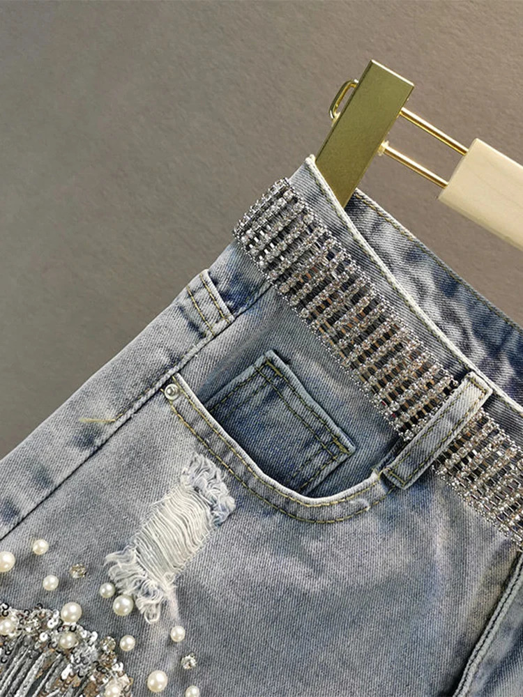 Summer elegant shorts tassel bead high waist wide leg denim casual solid 250327