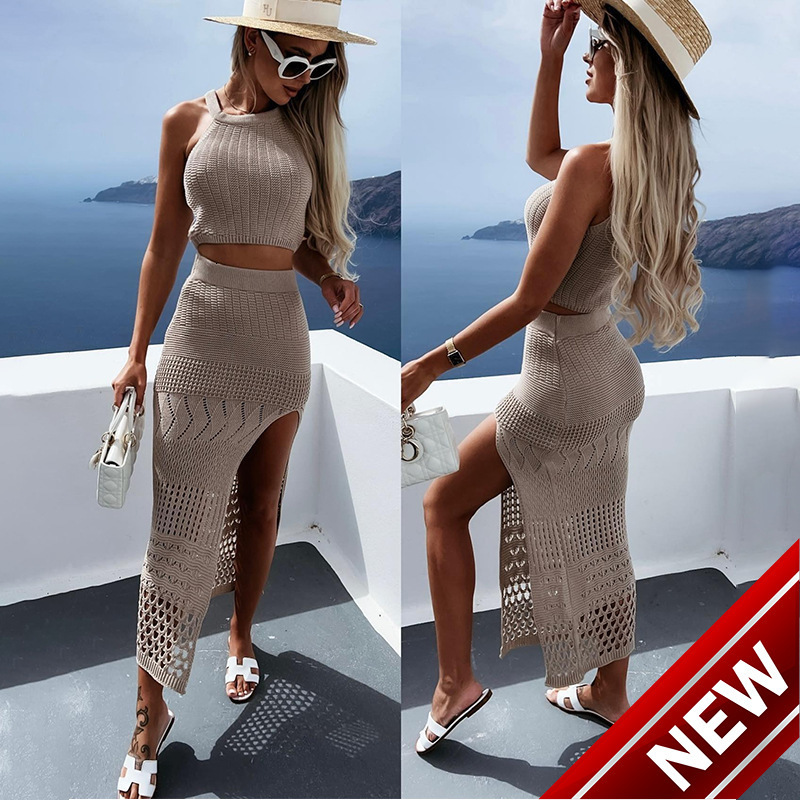 2025 New Womens Summer Short Top Split Wrap Hip Half Dress Two Piece Set Dress