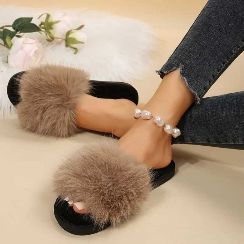 Winter 2024 womens Fi fur slider fluffy cute plush womens luxury outdoor non slip durable flat bottom sliderXJ250407