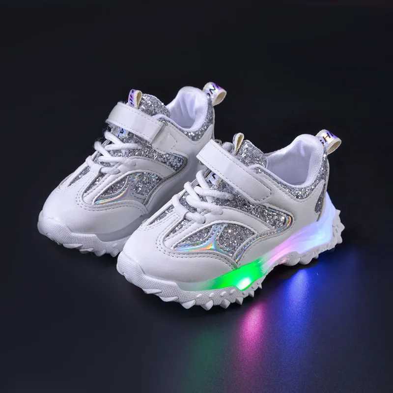 Childrens spring and autumn luminous sports shoes boys fashion sequins childrens casual shoes LED lights girls sports shoes W250407