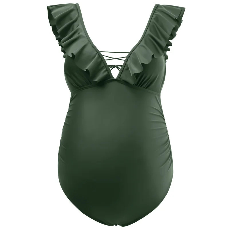 Maternity Swimsuits One Piece Cute Ruffle Pregnancy V-Neck Bathing Suits Lace-up Backless Swimwear Outfit 250407