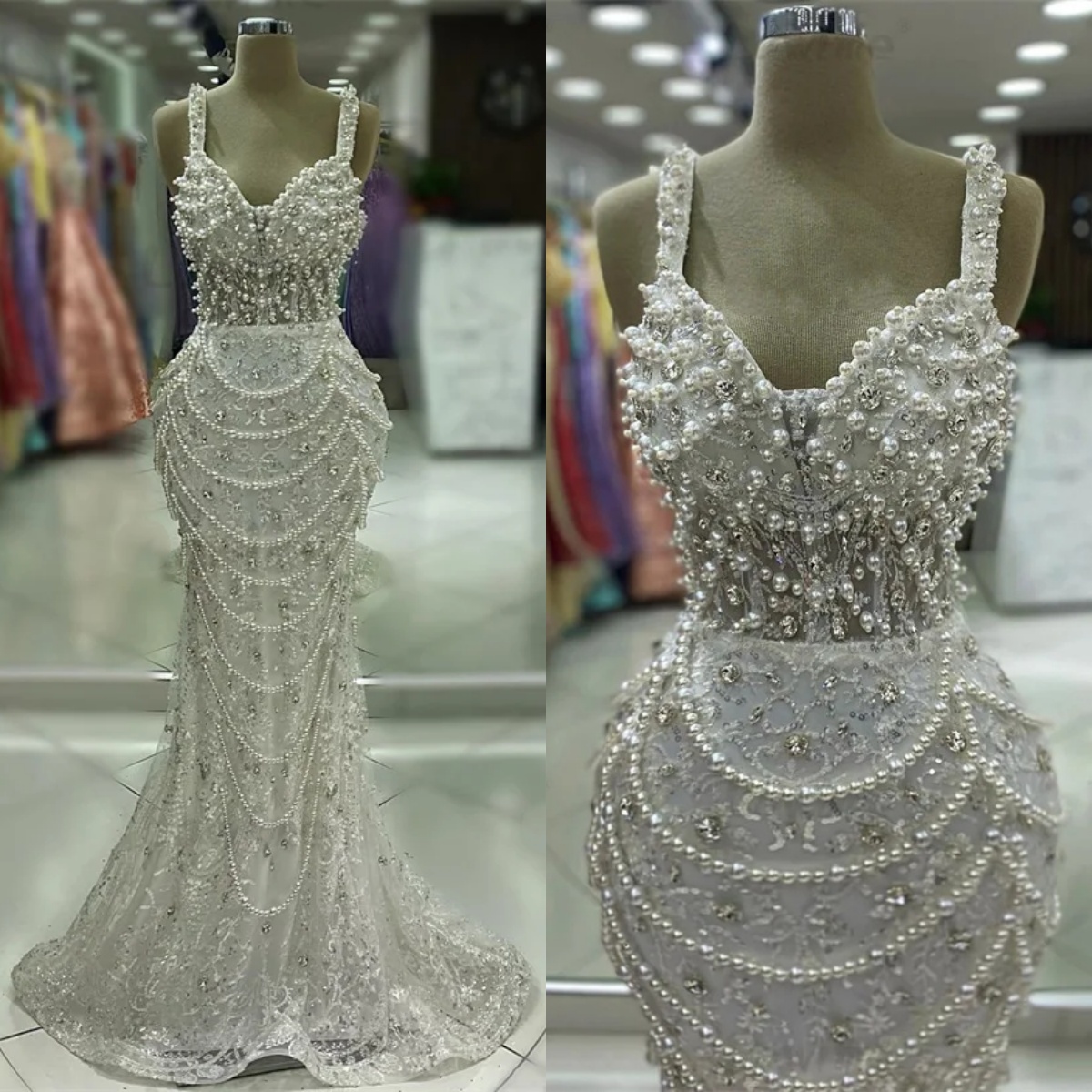 Gorgeous Evening Dresses Off Shoulder Spaghetti Strap Sleeveless Gown Pearls Sequins Crystal Sweep Train Dress Party Customized Dress